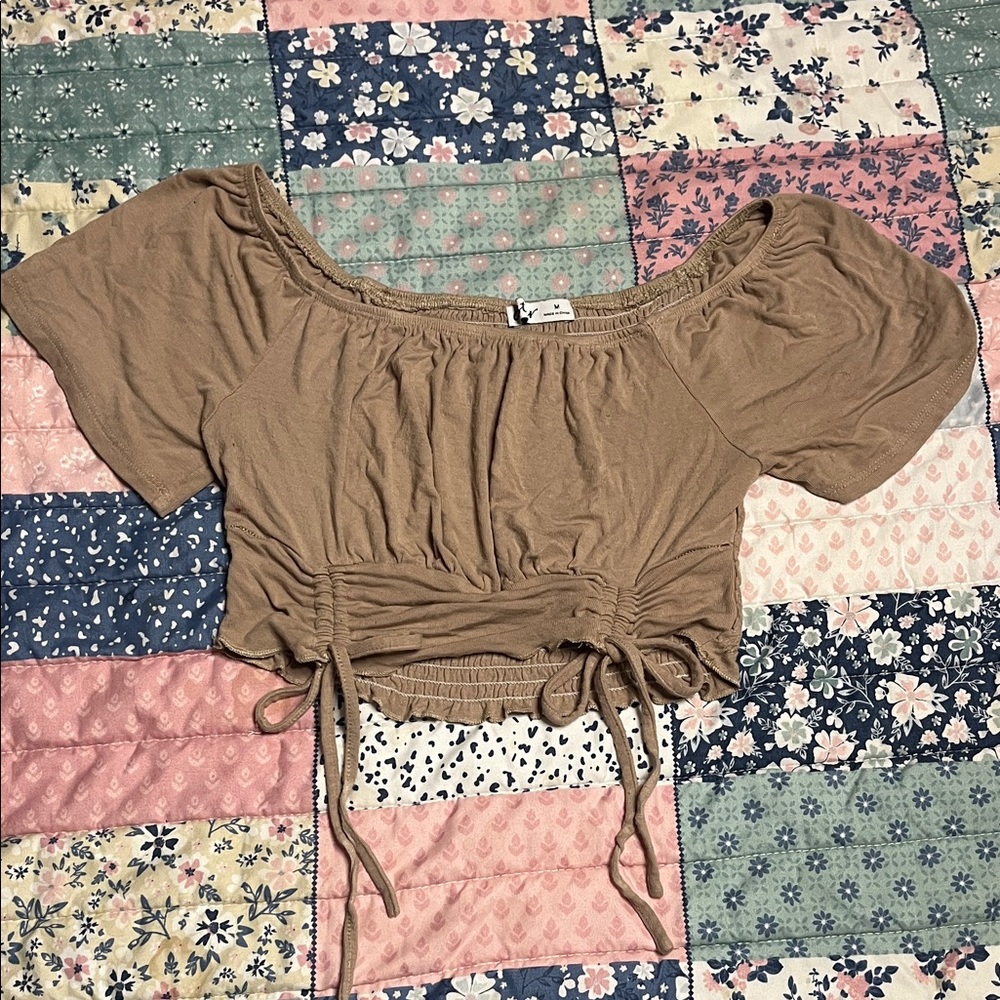 Ruched Drawstring Off-Shoulder Crop Top - Taupe
